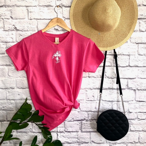 Cross & Butterfly T-Shirt, Religious Shirt, Faith Clothing, Trendy Shirt - Pink - Picture 1 of 3